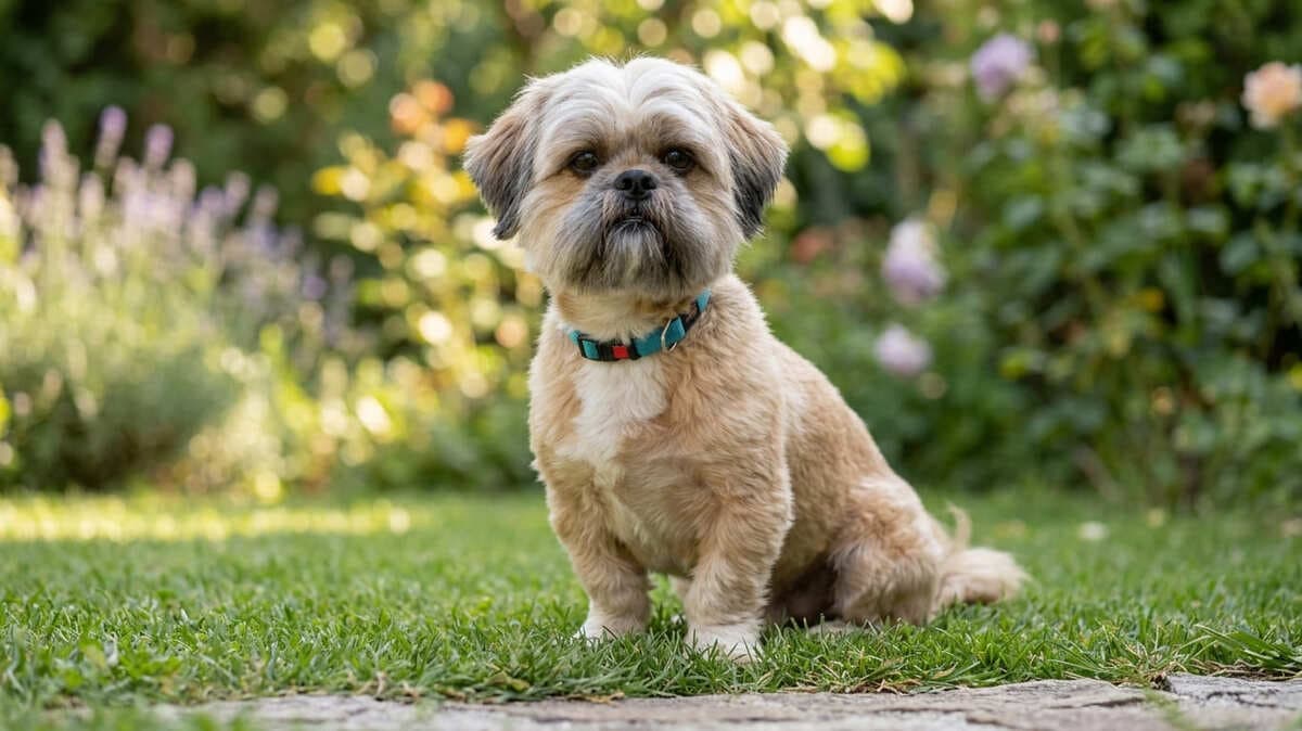 Small light brown Shih Tzu dog wearing a teal collar sitting on green grass in a garden